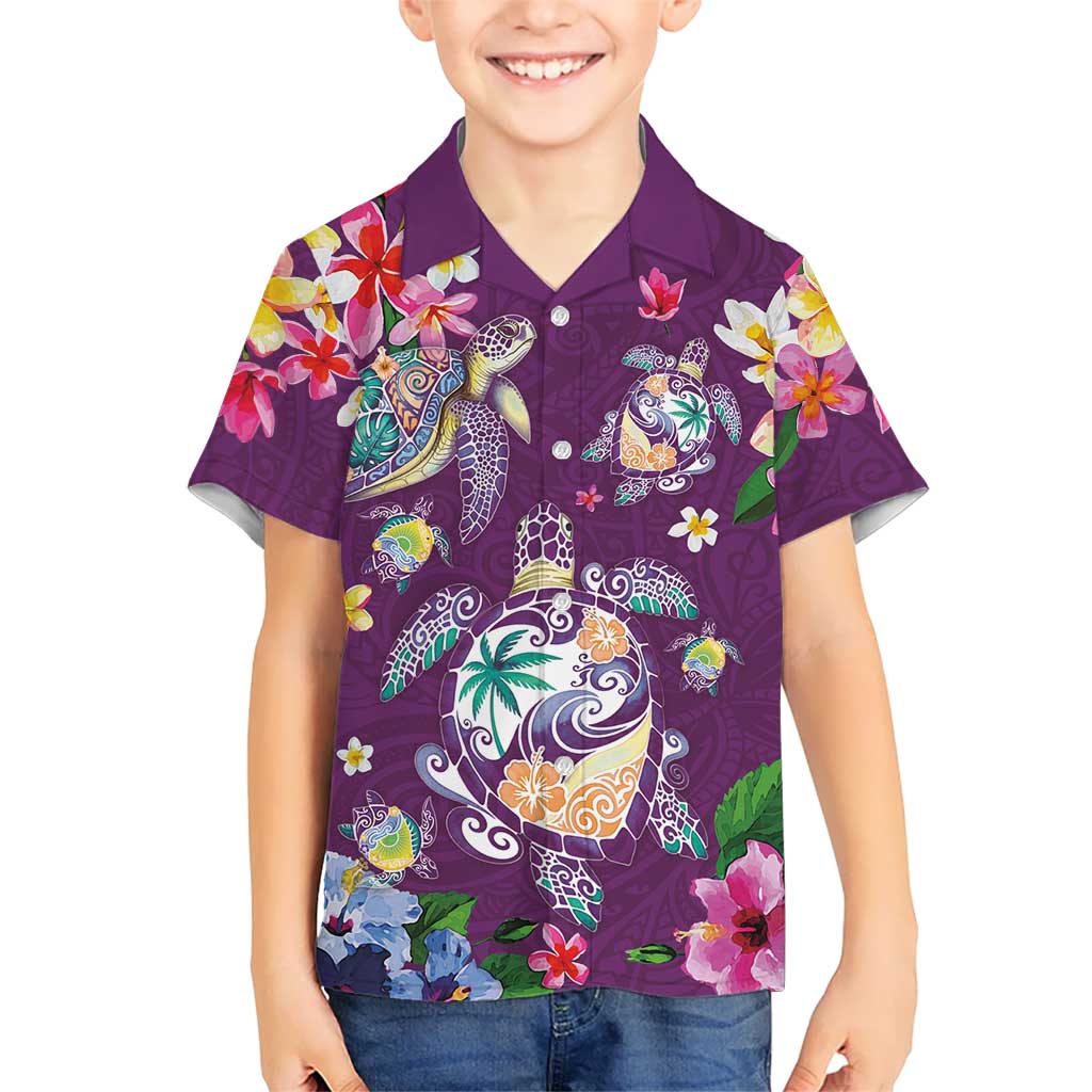 Hawaiian Turtles and Tropical Plants Family Matching Mermaid Dress and Hawaiian Shirt Purple Watercolor