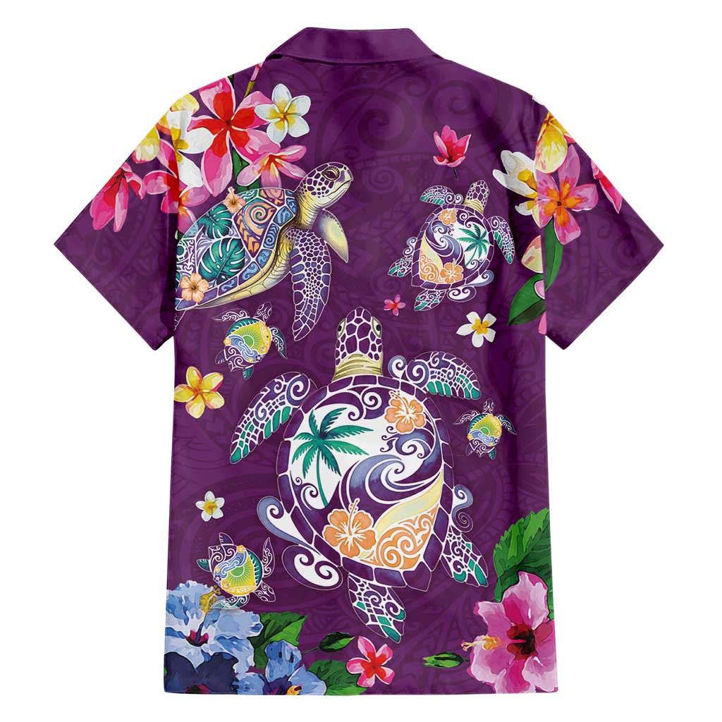 Hawaiian Turtles and Tropical Plants Family Matching Puletasi and Hawaiian Shirt Purple Watercolor LT03 - Polynesian Pride
