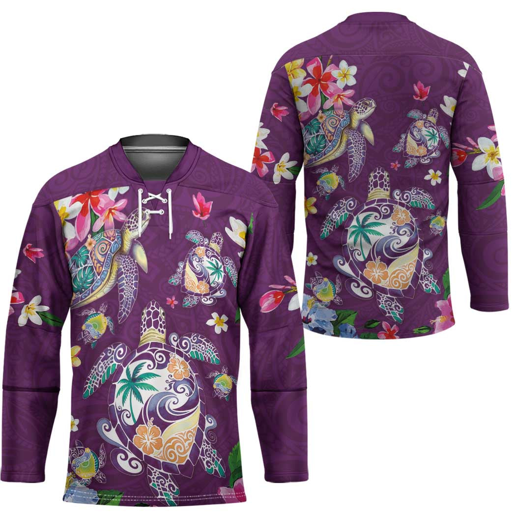 Hawaiian Turtles and Tropical Plants Hockey Jersey Purple Watercolor