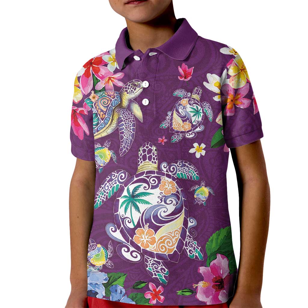 Hawaiian Turtles and Tropical Plants Kid Polo Shirt Purple Watercolor