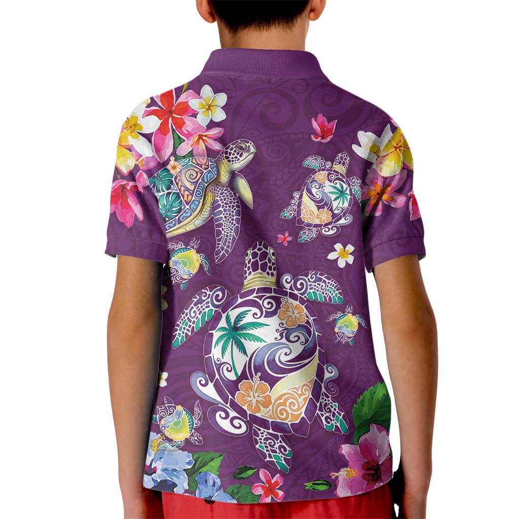 Hawaiian Turtles and Tropical Plants Kid Polo Shirt Purple Watercolor