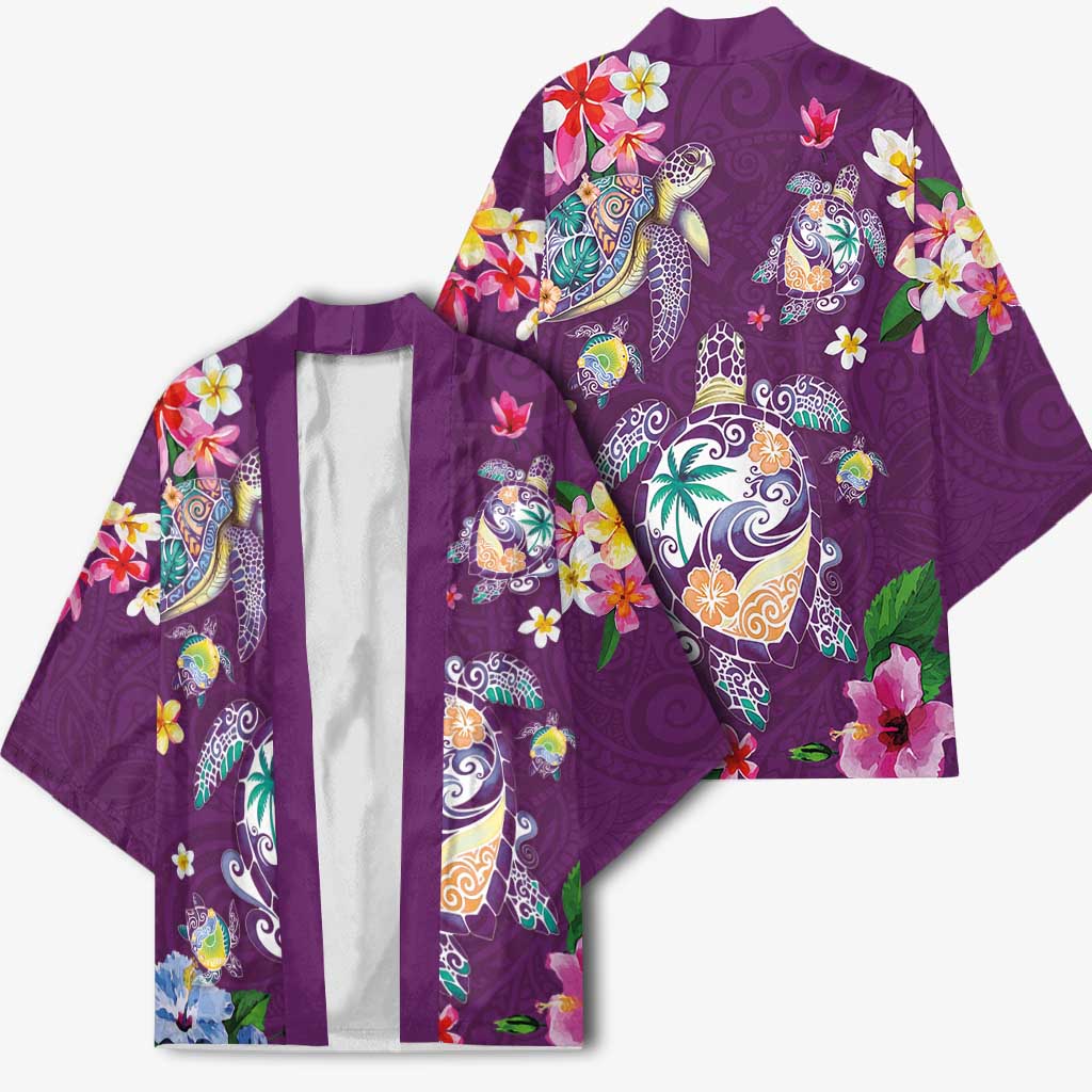 Hawaiian Turtles and Tropical Plants Kimono Purple Watercolor