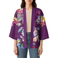Hawaiian Turtles and Tropical Plants Kimono Purple Watercolor