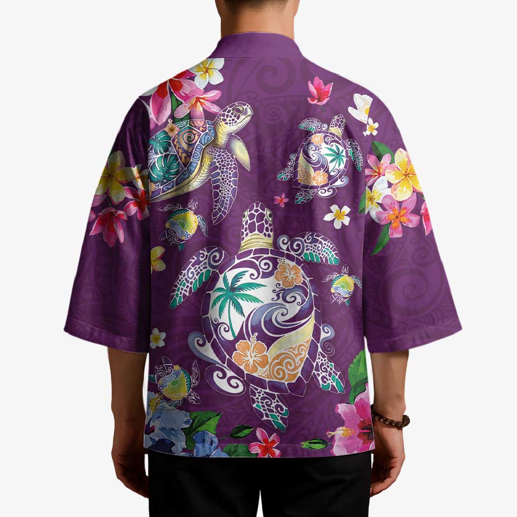 Hawaiian Turtles and Tropical Plants Kimono Purple Watercolor