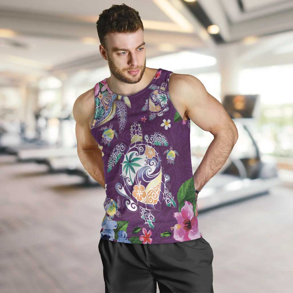 Hawaiian Turtles and Tropical Plants Men Tank Top Purple Watercolor