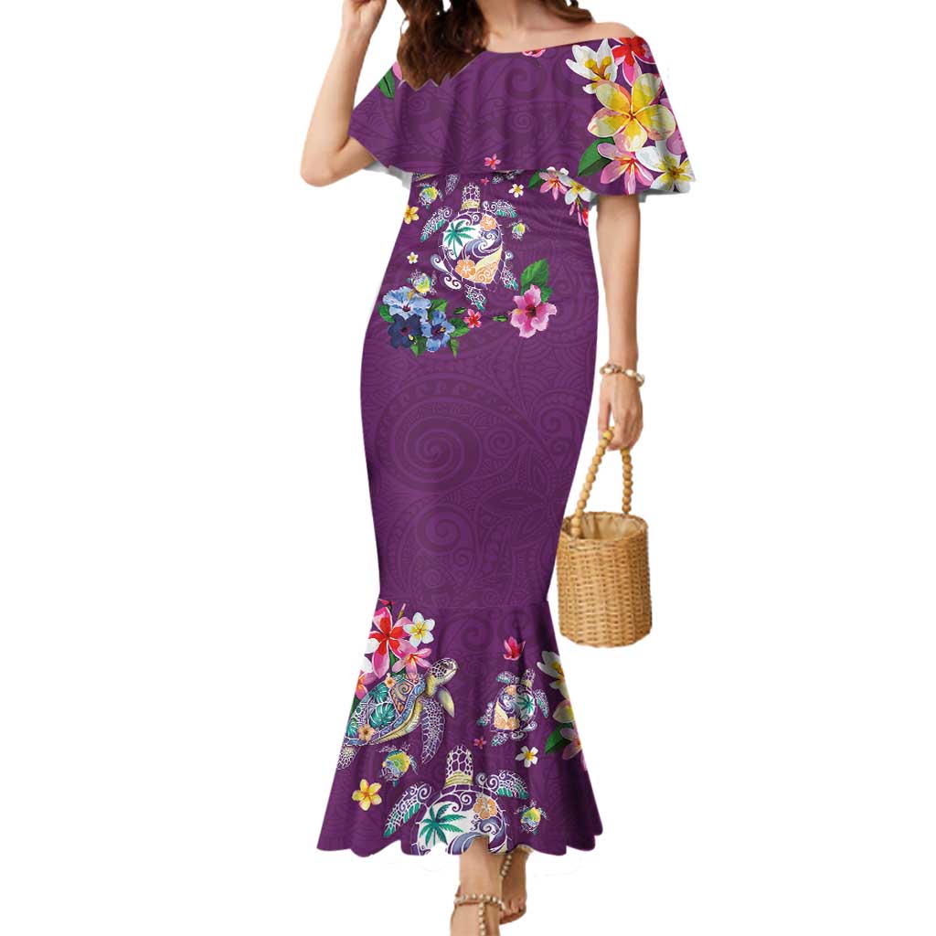 Hawaiian Turtles and Tropical Plants Mermaid Dress Purple Watercolor LT03 Women Purple - Polynesian Pride