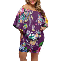 Hawaiian Turtles and Tropical Plants Off Shoulder Short Dress Purple Watercolor