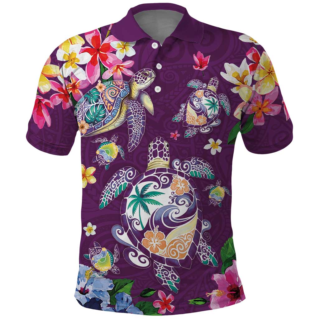 Hawaiian Turtles and Tropical Plants Polo Shirt Purple Watercolor