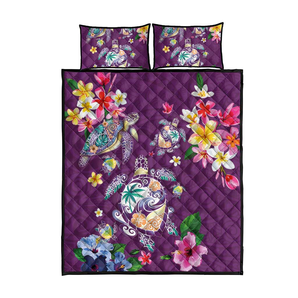 Hawaiian Turtles and Tropical Plants Quilt Bed Set Purple Watercolor