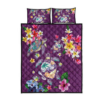 Hawaiian Turtles and Tropical Plants Quilt Bed Set Purple Watercolor