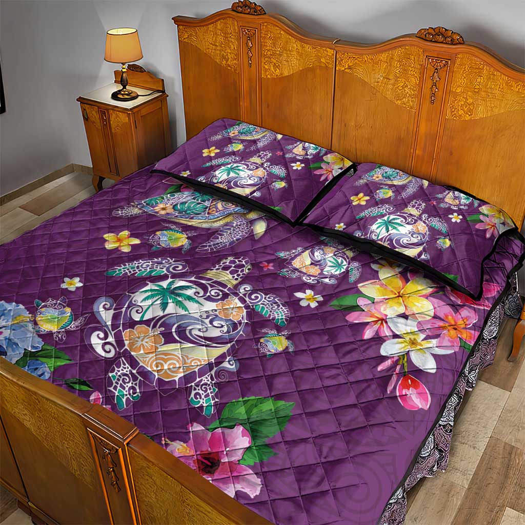 Hawaiian Turtles and Tropical Plants Quilt Bed Set Purple Watercolor
