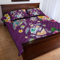Hawaiian Turtles and Tropical Plants Quilt Bed Set Purple Watercolor