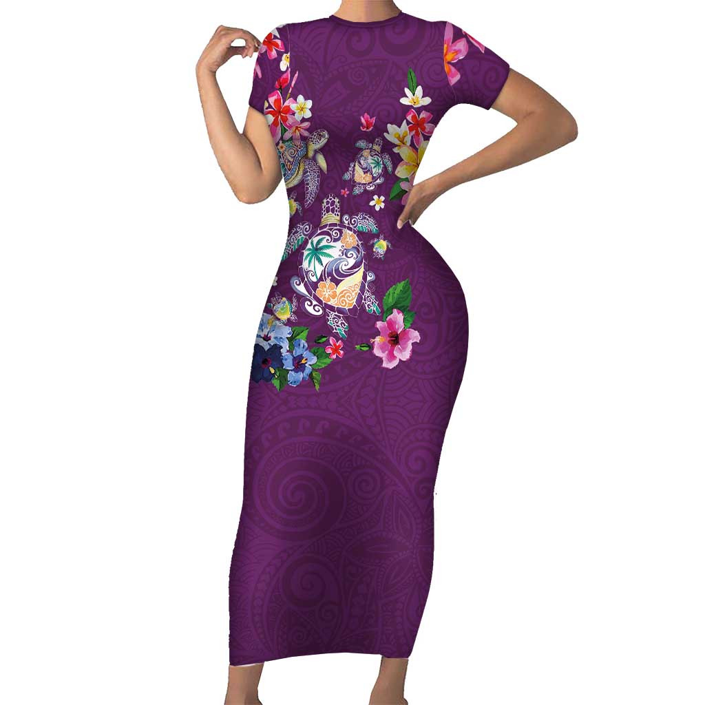 Hawaiian Turtles and Tropical Plants Short Sleeve Bodycon Dress Purple Watercolor