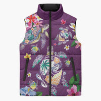 Hawaiian Turtles and Tropical Plants Sleeveless Puffer Jacket Purple Watercolor