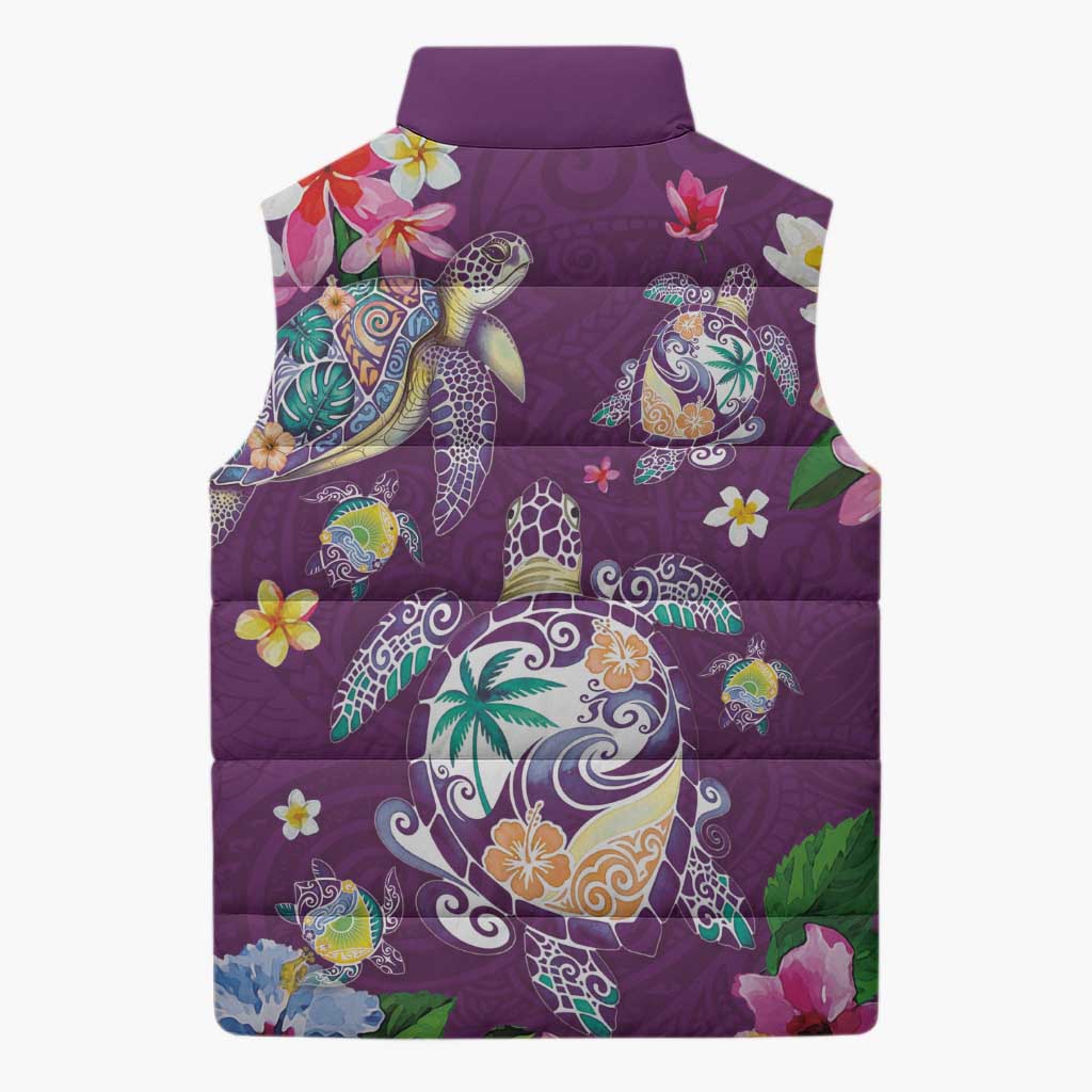 Hawaiian Turtles and Tropical Plants Sleeveless Puffer Jacket Purple Watercolor