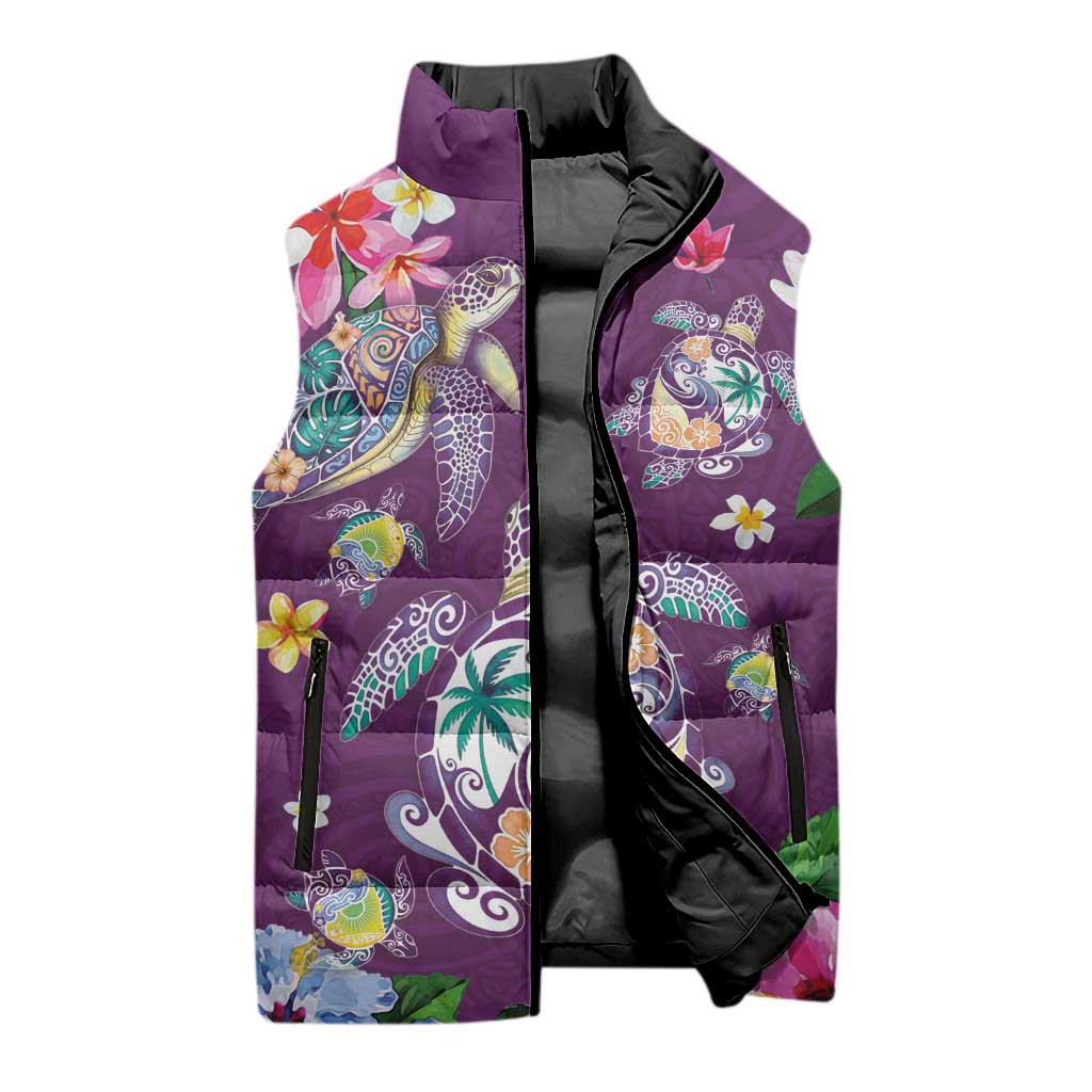 Hawaiian Turtles and Tropical Plants Sleeveless Puffer Jacket Purple Watercolor
