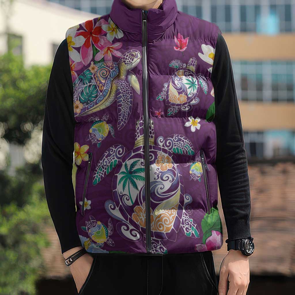 Hawaiian Turtles and Tropical Plants Sleeveless Puffer Jacket Purple Watercolor