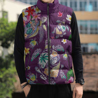 Hawaiian Turtles and Tropical Plants Sleeveless Puffer Jacket Purple Watercolor