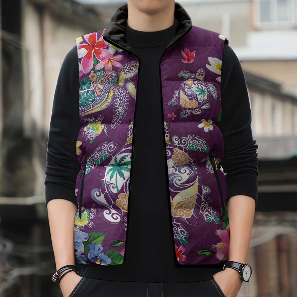 Hawaiian Turtles and Tropical Plants Sleeveless Puffer Jacket Purple Watercolor