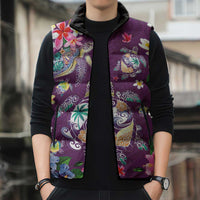 Hawaiian Turtles and Tropical Plants Sleeveless Puffer Jacket Purple Watercolor