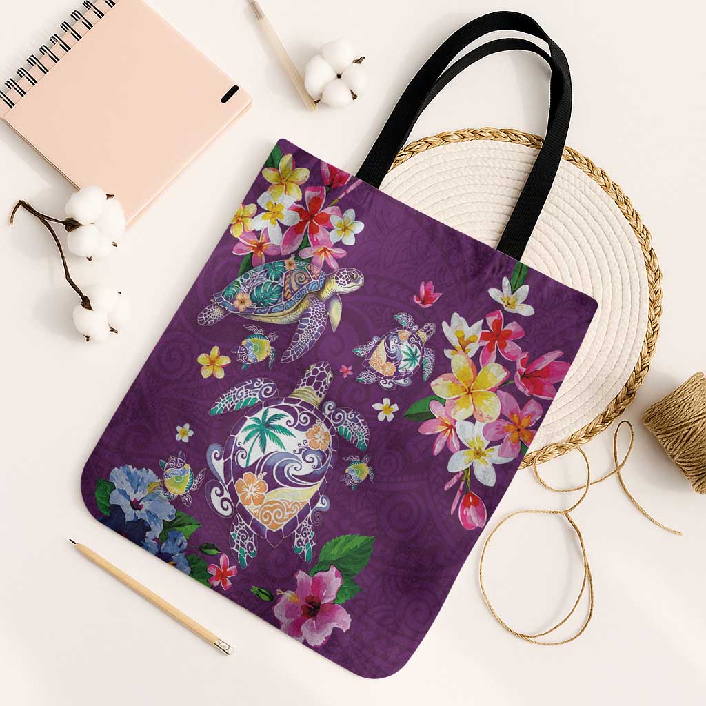 Hawaiian Turtles and Tropical Plants Tote Bag Purple Watercolor