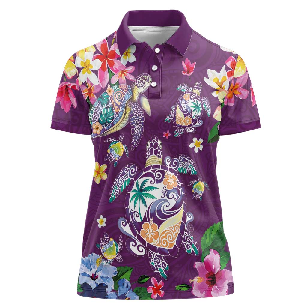 Hawaiian Turtles and Tropical Plants Women Polo Shirt Purple Watercolor LT03 Female Purple - Polynesian Pride