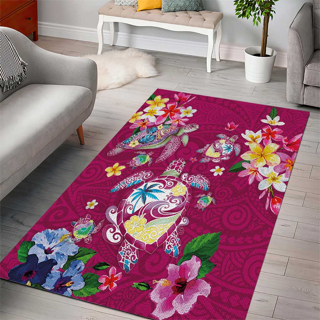 Hawaiian Turtles and Tropical Plants Area Rug Pink Watercolor LT03 - Polynesian Pride