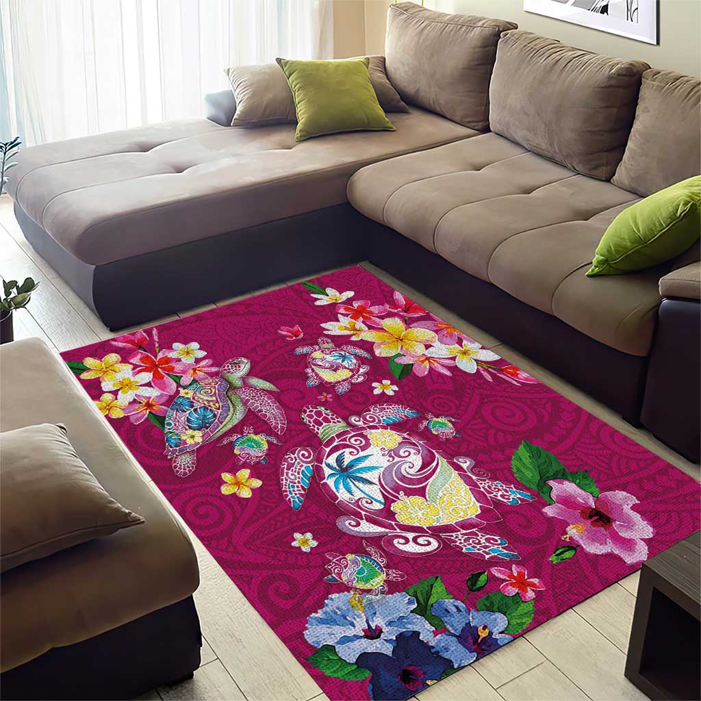 Hawaiian Turtles and Tropical Plants Area Rug Pink Watercolor LT03 - Polynesian Pride