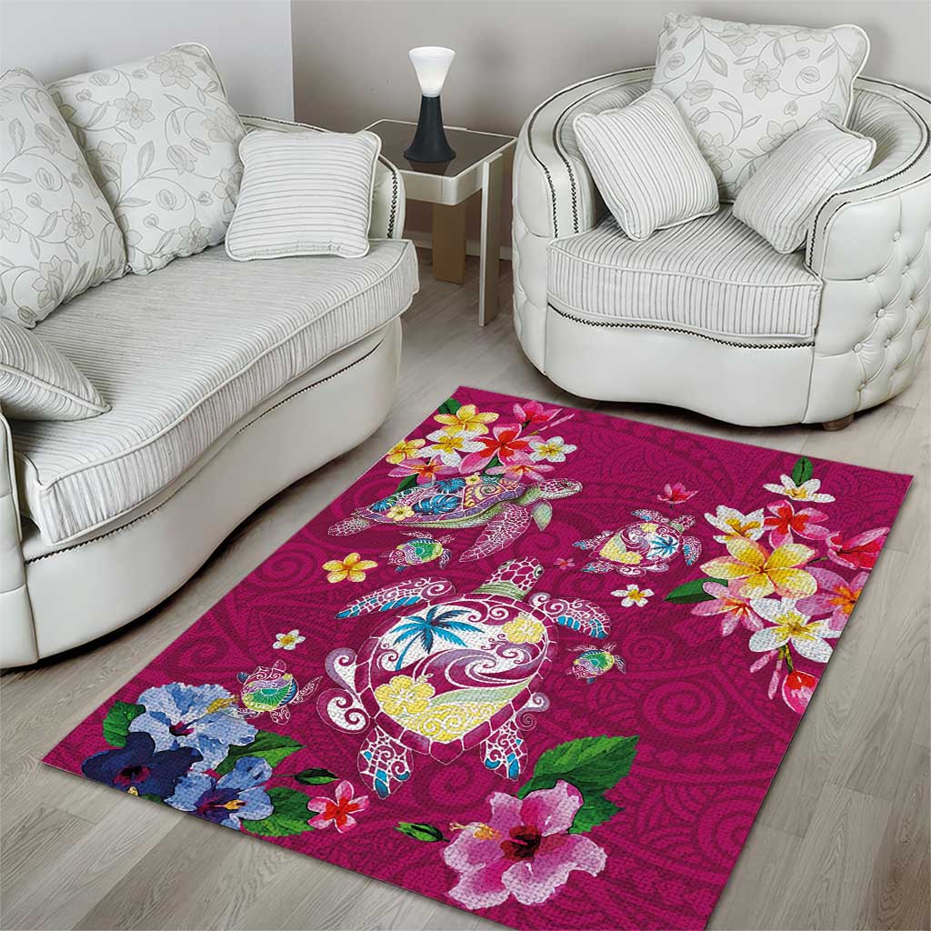 Hawaiian Turtles and Tropical Plants Area Rug Pink Watercolor LT03 - Polynesian Pride