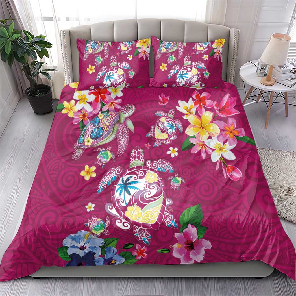 Hawaiian Turtles and Tropical Plants Bedding Set Pink Watercolor