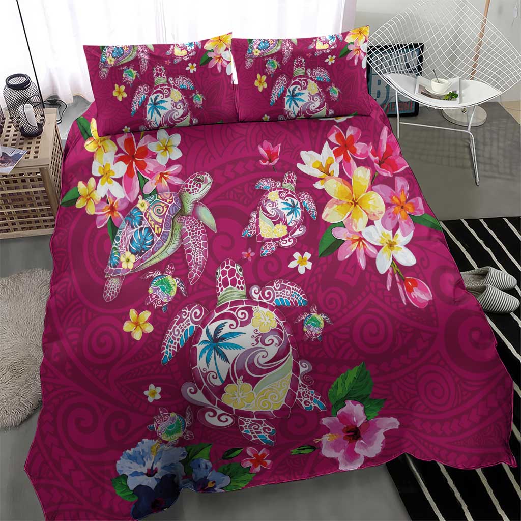 Hawaiian Turtles and Tropical Plants Bedding Set Pink Watercolor