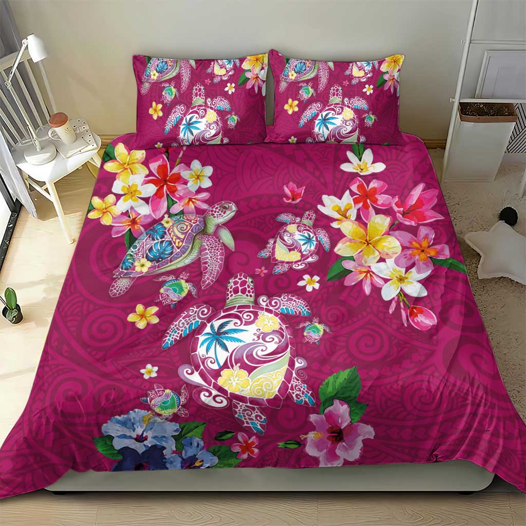 Hawaiian Turtles and Tropical Plants Bedding Set Pink Watercolor