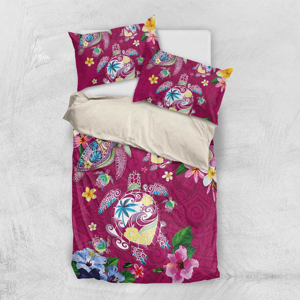 Hawaiian Turtles and Tropical Plants Bedding Set Pink Watercolor