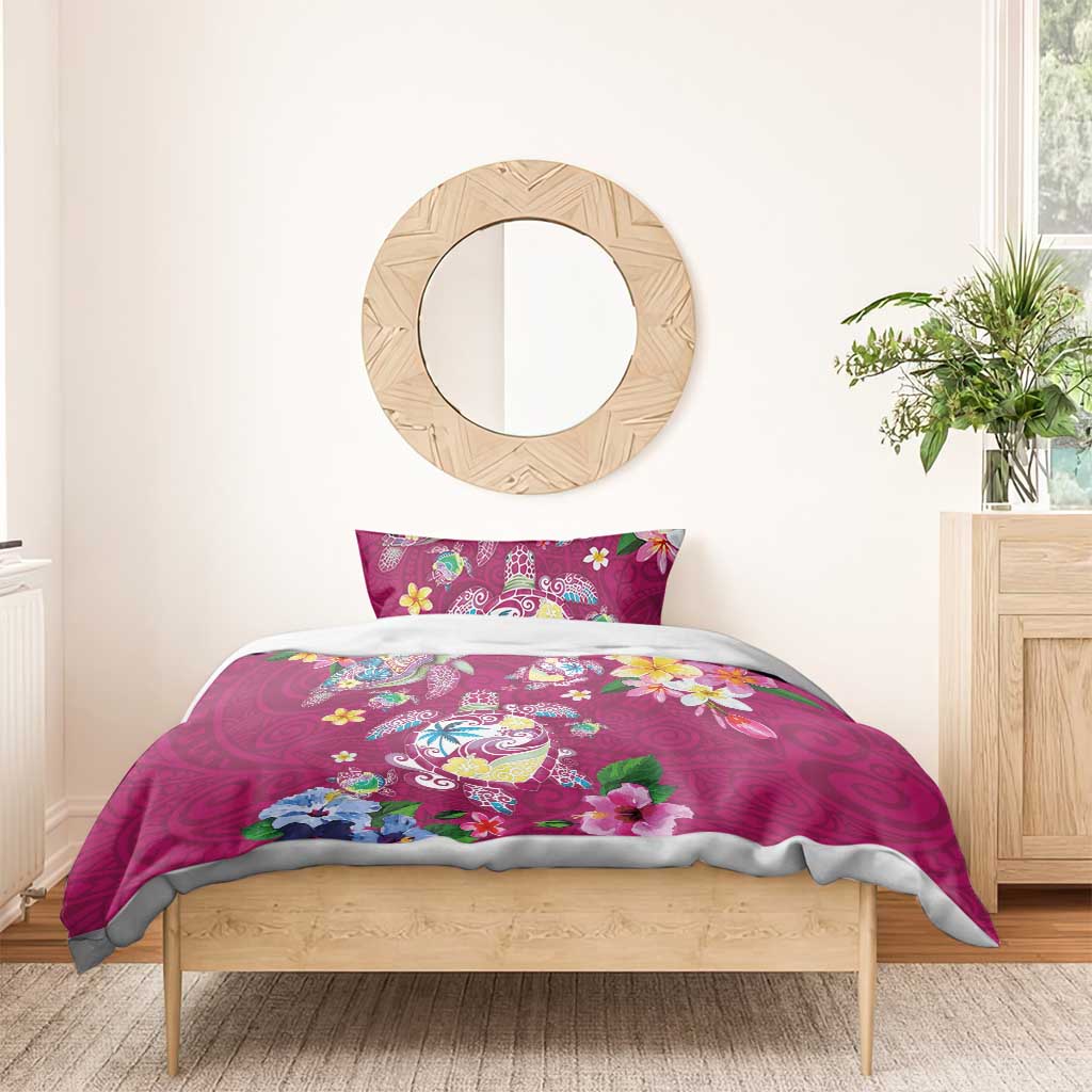 Hawaiian Turtles and Tropical Plants Bedding Set Pink Watercolor