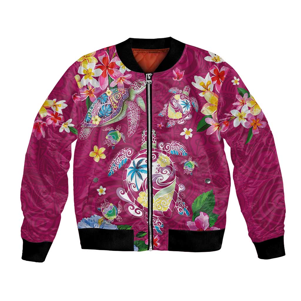 Hawaiian Turtles and Tropical Plants Bomber Jacket Pink Watercolor LT03 Unisex Pink - Polynesian Pride