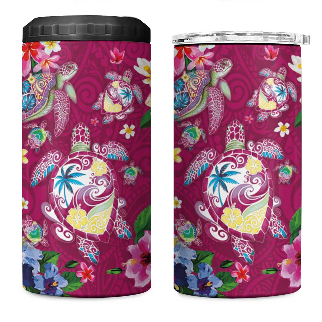 Hawaiian Turtles and Tropical Plants 4 in 1 Can Cooler Tumbler Pink Watercolor