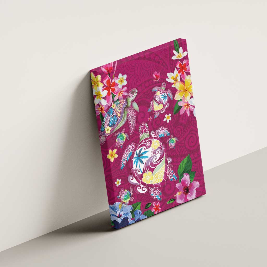 Hawaiian Turtles and Tropical Plants Canvas Wall Art Pink Watercolor