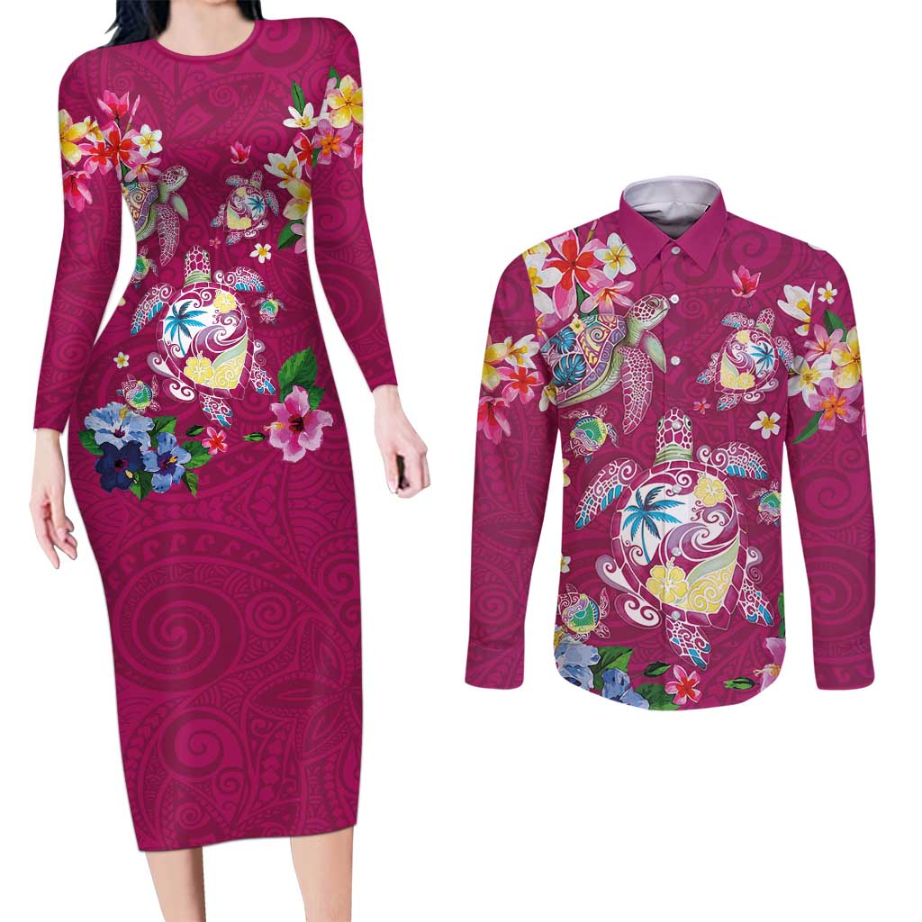 Hawaiian Turtles and Tropical Plants Couples Matching Long Sleeve Bodycon Dress and Long Sleeve Button Shirt Pink Watercolor