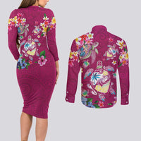 Hawaiian Turtles and Tropical Plants Couples Matching Long Sleeve Bodycon Dress and Long Sleeve Button Shirt Pink Watercolor