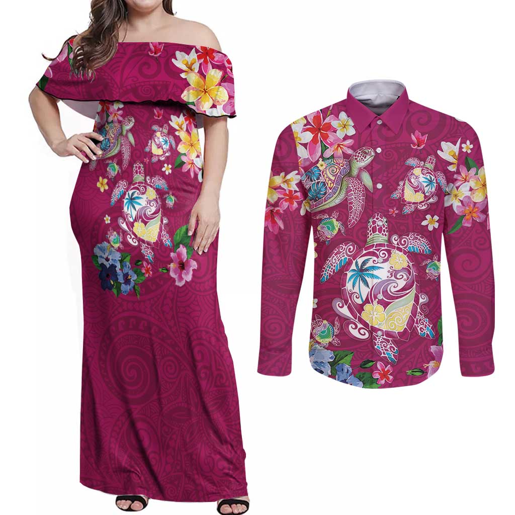 Hawaiian Turtles and Tropical Plants Couples Matching Off Shoulder Maxi Dress and Long Sleeve Button Shirt Pink Watercolor LT03 Pink - Polynesian Pride