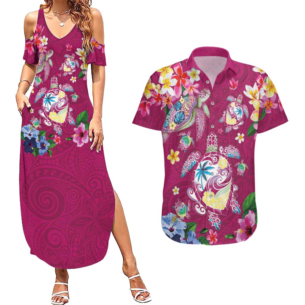 Hawaiian Turtles and Tropical Plants Couples Matching Summer Maxi Dress and Hawaiian Shirt Pink Watercolor