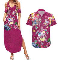 Hawaiian Turtles and Tropical Plants Couples Matching Summer Maxi Dress and Hawaiian Shirt Pink Watercolor