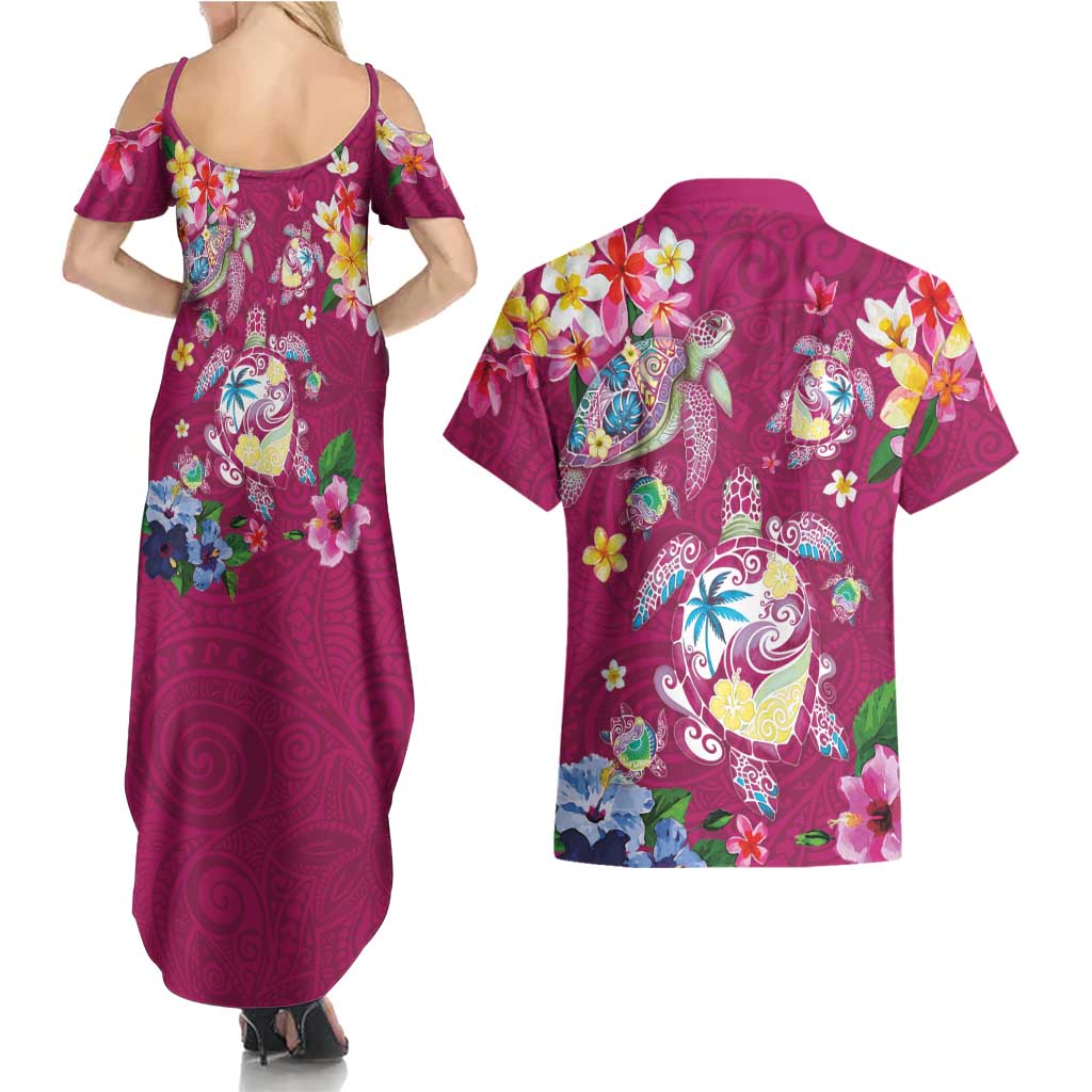 Hawaiian Turtles and Tropical Plants Couples Matching Summer Maxi Dress and Hawaiian Shirt Pink Watercolor