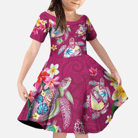 Hawaiian Turtles and Tropical Plants Family Matching Long Sleeve Bodycon Dress and Hawaiian Shirt Pink Watercolor