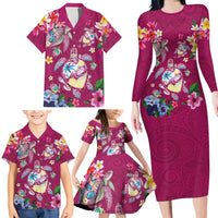 Hawaiian Turtles and Tropical Plants Family Matching Long Sleeve Bodycon Dress and Hawaiian Shirt Pink Watercolor
