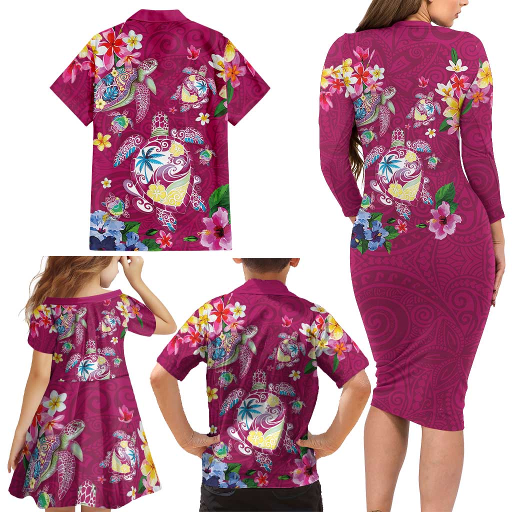 Hawaiian Turtles and Tropical Plants Family Matching Long Sleeve Bodycon Dress and Hawaiian Shirt Pink Watercolor