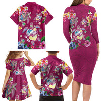 Hawaiian Turtles and Tropical Plants Family Matching Long Sleeve Bodycon Dress and Hawaiian Shirt Pink Watercolor