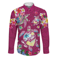 Hawaiian Turtles and Tropical Plants Family Matching Long Sleeve Bodycon Dress and Hawaiian Shirt Pink Watercolor