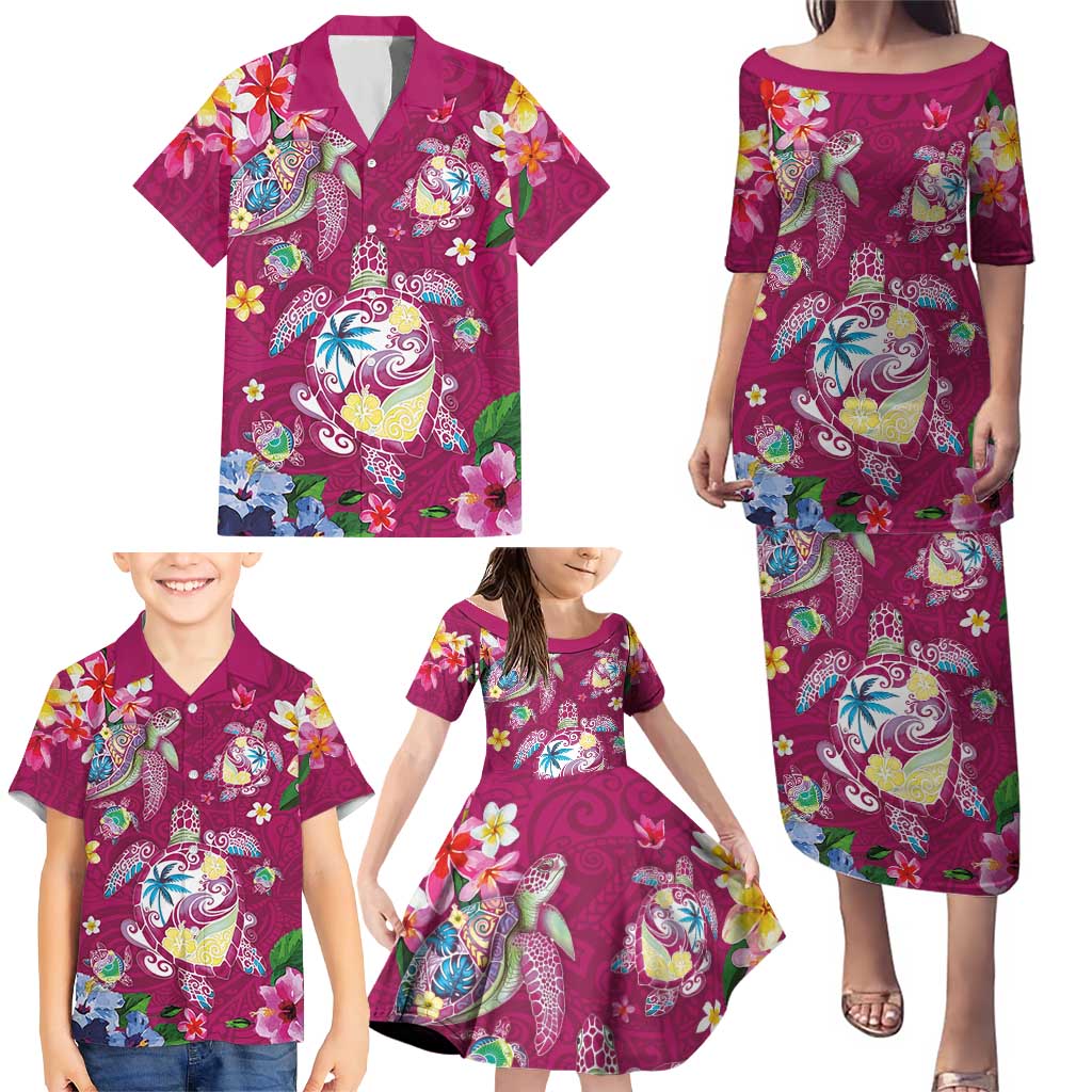 Hawaiian Turtles and Tropical Plants Family Matching Puletasi and Hawaiian Shirt Pink Watercolor