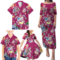 Hawaiian Turtles and Tropical Plants Family Matching Puletasi and Hawaiian Shirt Pink Watercolor